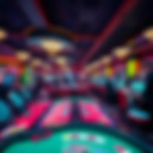 A vibrant casino floor with colorful game tables and lively players