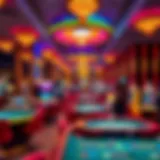 A captivating view of a casino floor with vibrant lights and tables.