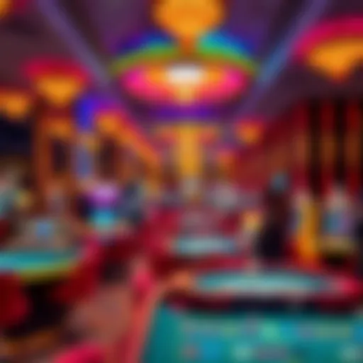 A captivating view of a casino floor with vibrant lights and tables.