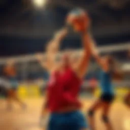 A vibrant volleyball match showcasing intense action and teamwork.